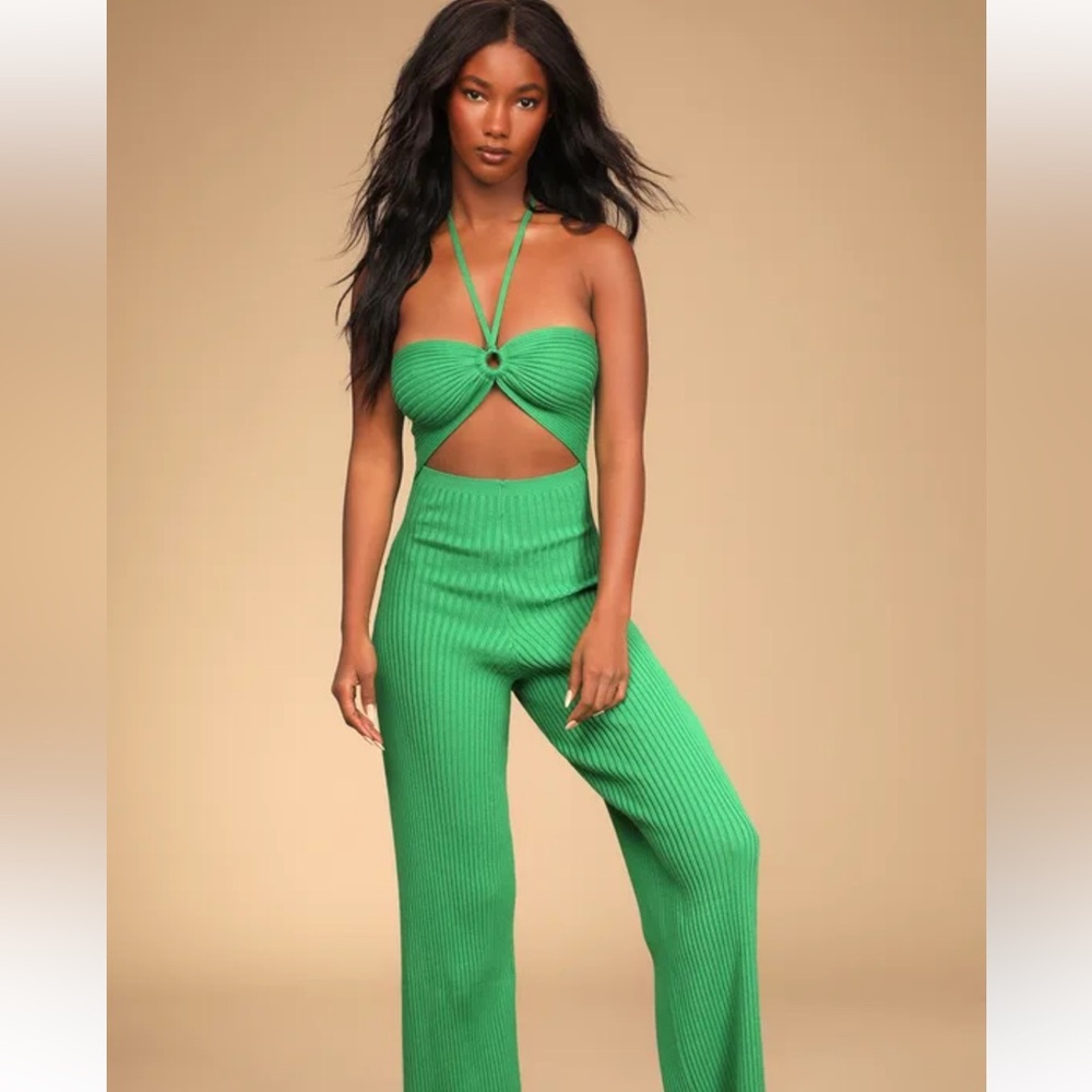 NWT 🔥🔥Love the Vibes green ribbed cutout halter lounge jumpsuit